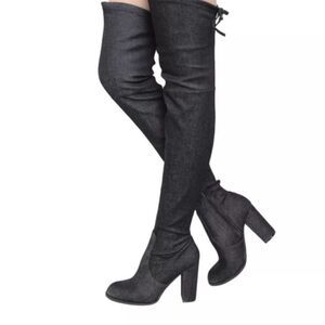 BLACK DENIM OVER THE KNEE  BLOCK PLASFORM HEEL BOOT
